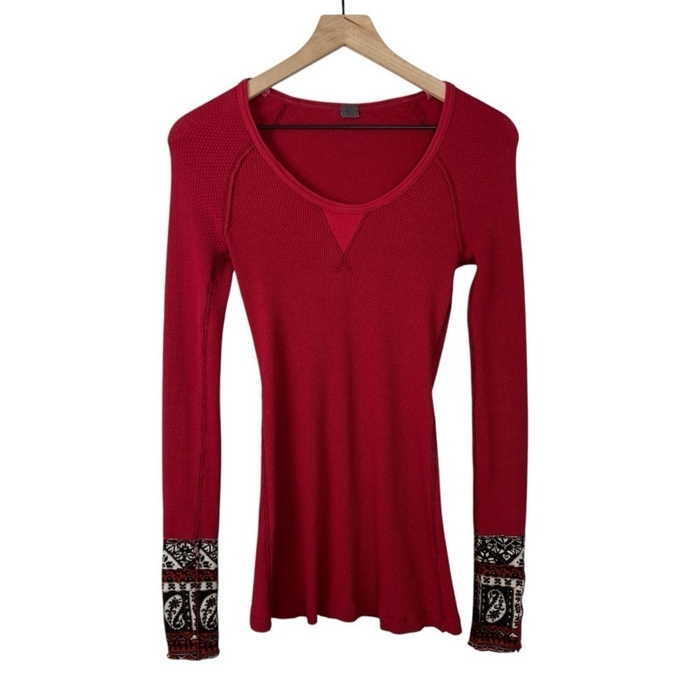 We the Free People Red Long Sleeve Thermal Shirt Studded Cuffs